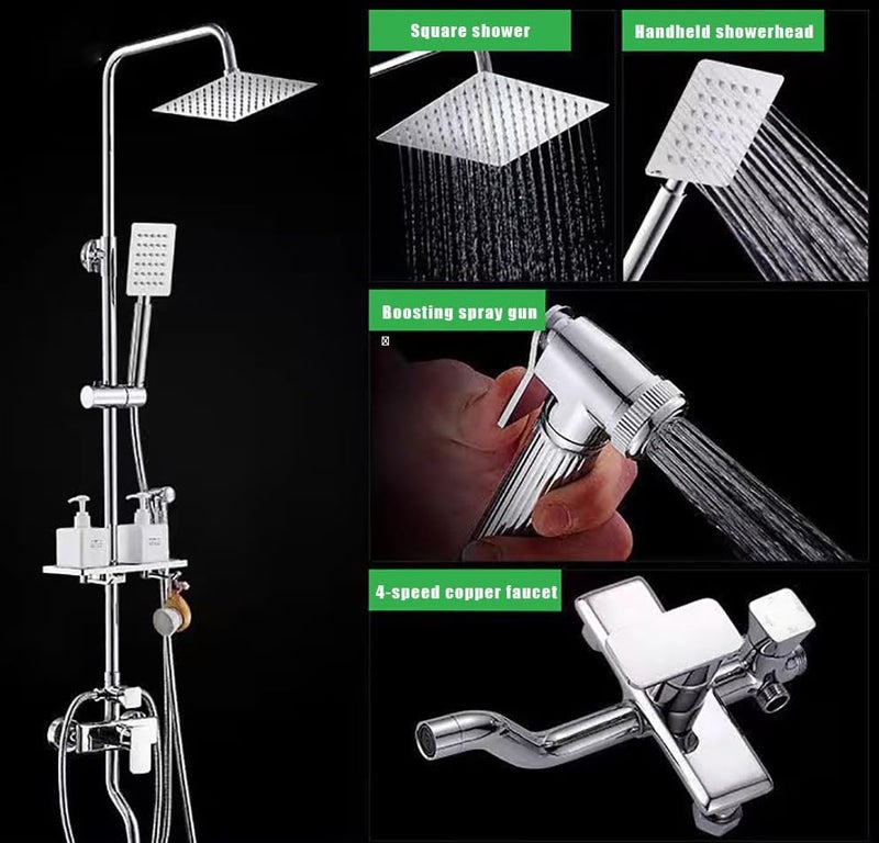 Bathroom Shower Set, Copper Plating Large Square Head Handheld Shower Wall Mount Triple Function Rainfall Shower Thermostatic Valve Mixer Set Bathroom Shower Liftable Shower Column (Grey) - Image 3