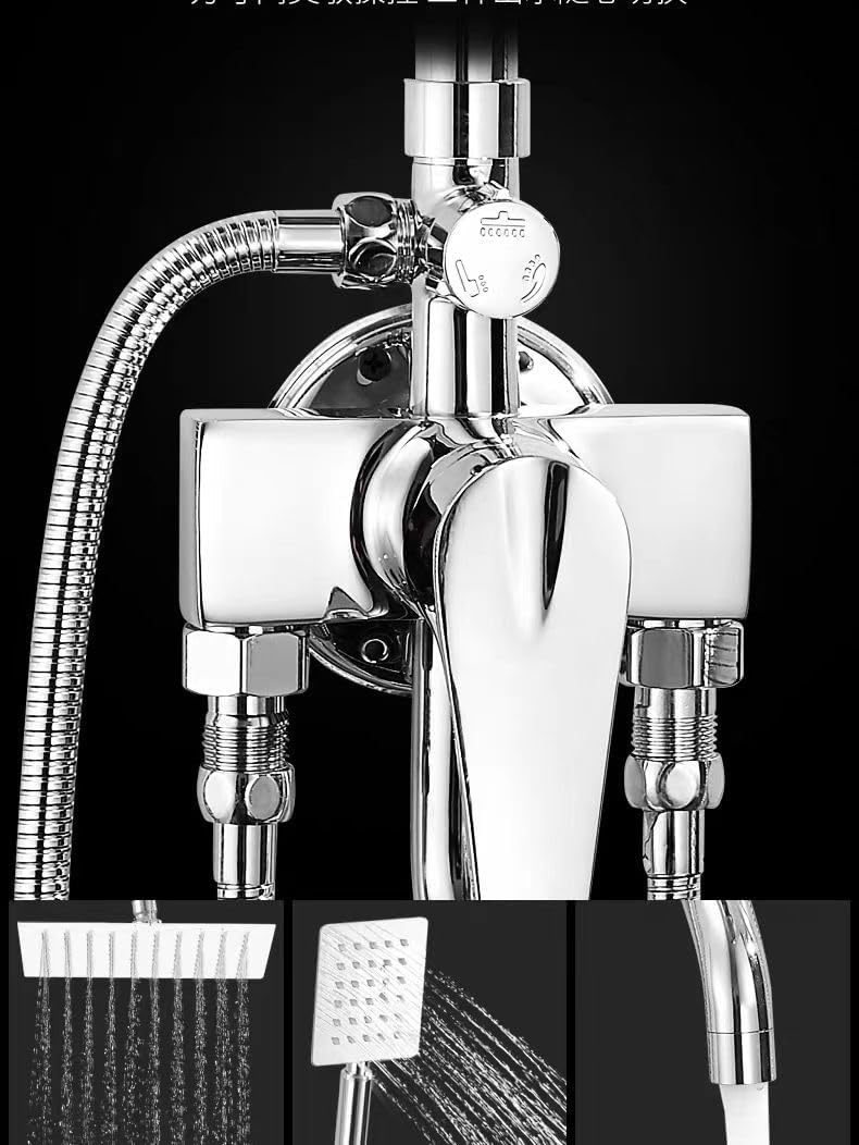 Bathroom Shower Set, Copper Plating Large Square Head Handheld Shower Wall Mount Triple Function Rainfall Shower Thermostatic Valve Mixer Set Bathroom Shower Liftable Shower Column (Grey) - Image 2