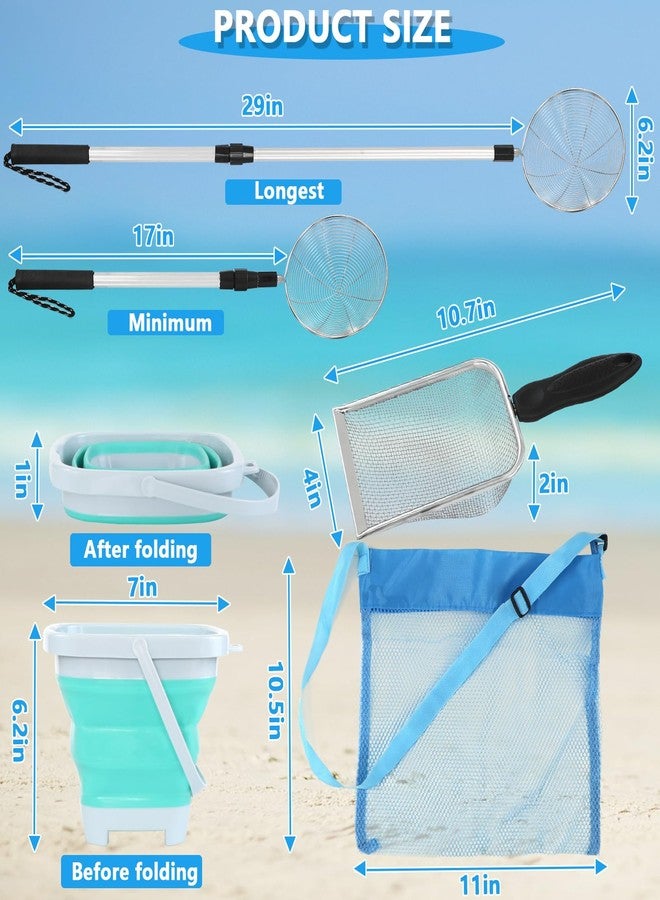 FETHWOIN Shark Tooth Sifter, Beach Sand Sifter, Sea Shell Scooper for Beach, Shell Bags&Foldable Bucket, Sand Beach Toys for Kids 6 8 10 12, Medium, Blue - Image 4