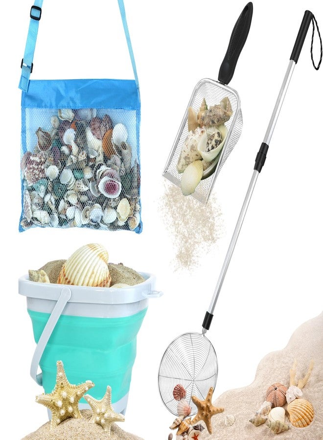 FETHWOIN Shark Tooth Sifter, Beach Sand Sifter, Sea Shell Scooper for Beach, Shell Bags&Foldable Bucket, Sand Beach Toys for Kids 6 8 10 12, Medium, Blue - Image 1