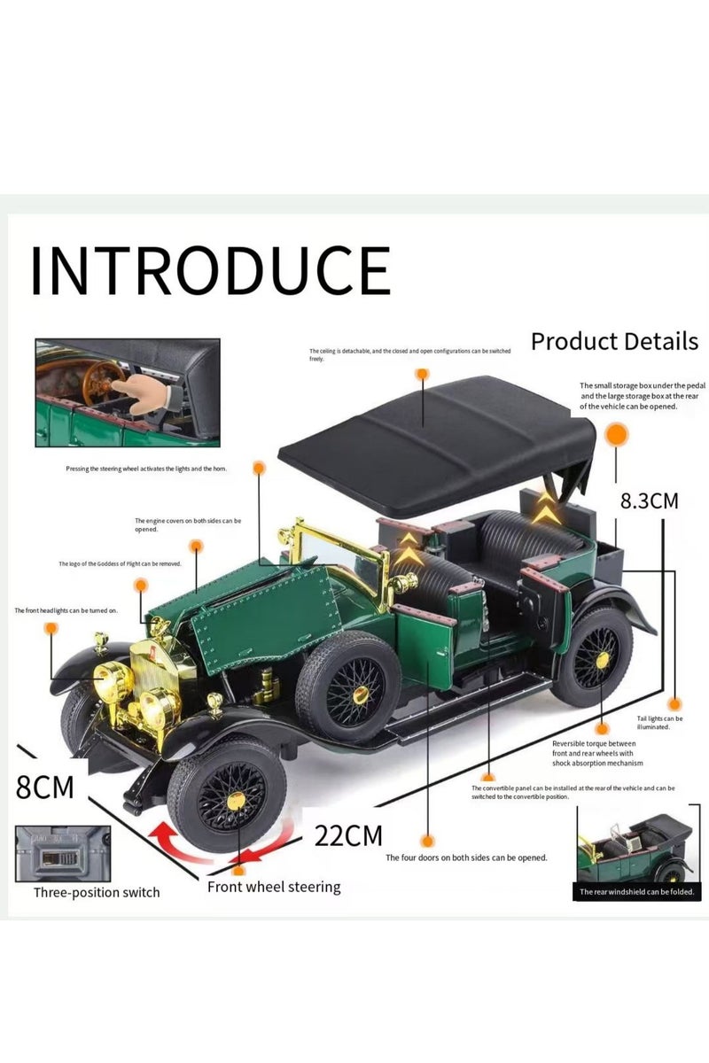 1:24 Scale Phantom I Vintage Car Alloy Model Collectible Decorative Item with Sound and Light Function and Backspin Feature - A Gift for Boys - Image 3