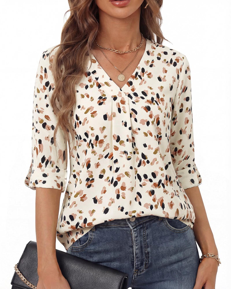 Youtalia Women's 3/4 Sleeve V Neck Floral Chiffon Blouses Flowy Dressy Classy Tops for Work Office Business Casual Spring Summer, Cream Terrazzo Print, XL - Image 1