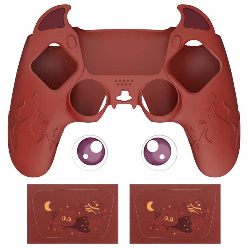 PlayVital Halloween Cute Demon Controller Silicone Case for ps5, Kawaii Controller Cover Gamepad Skin Protector for ps5 with Touch Pad Sticker & Thumb Grip Caps - Red - Image 2