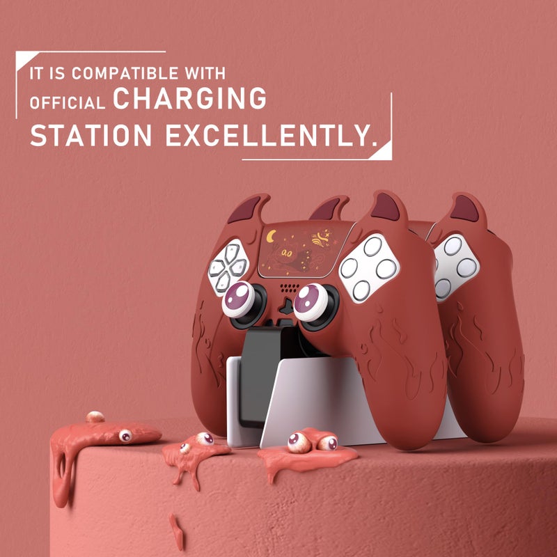 PlayVital Halloween Cute Demon Controller Silicone Case for ps5, Kawaii Controller Cover Gamepad Skin Protector for ps5 with Touch Pad Sticker & Thumb Grip Caps - Red - Image 3