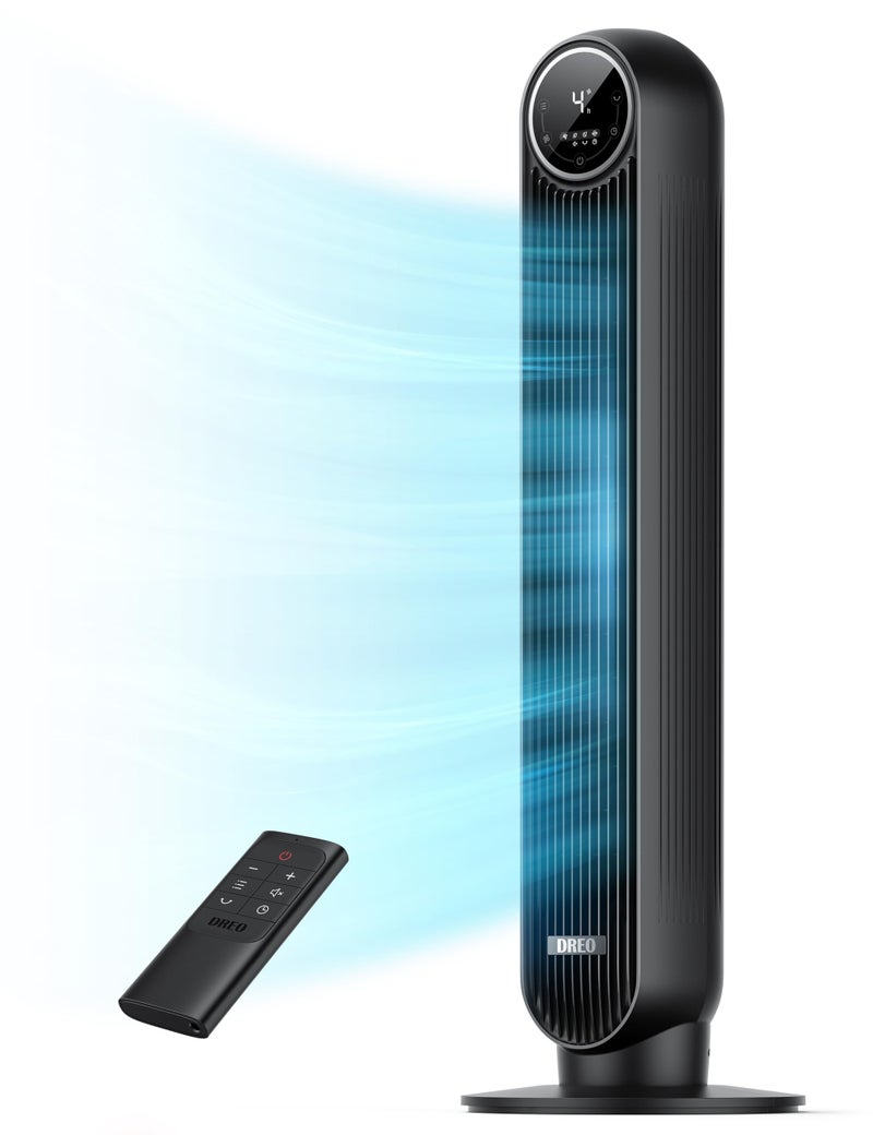 Dreo مروحة دريو البرج لغرفة النوم، سرعة 25 قدم/ثانية، مروحة أرضية هادئة، مروحة متأرجحة بزاوية 90 درجة للاستخدام الداخلي مع 4 سرعات، 4 أوضاع، مؤقت 8 ساعات، مروحات قائمة، مروحة بدون شفرات، سوداء، نوماد وان (DR-HTF007) - Image 1