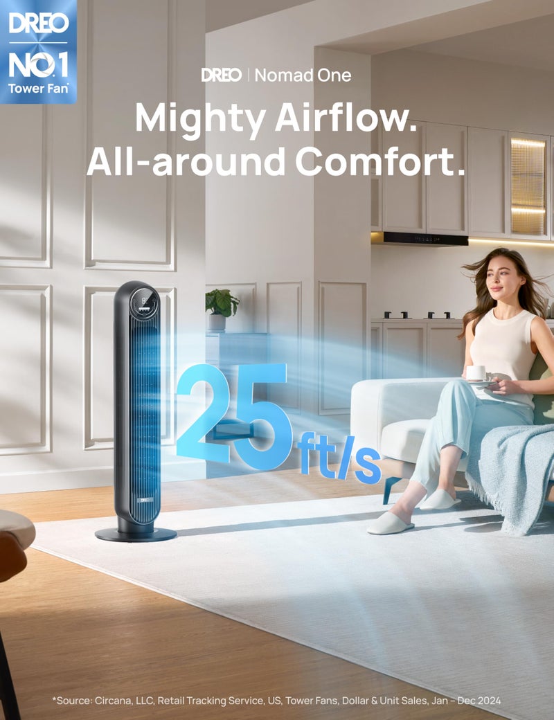 Dreo مروحة دريو البرج لغرفة النوم، سرعة 25 قدم/ثانية، مروحة أرضية هادئة، مروحة متأرجحة بزاوية 90 درجة للاستخدام الداخلي مع 4 سرعات، 4 أوضاع، مؤقت 8 ساعات، مروحات قائمة، مروحة بدون شفرات، سوداء، نوماد وان (DR-HTF007) - Image 2