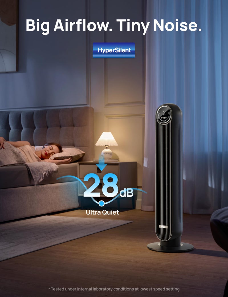 Dreo مروحة دريو البرج لغرفة النوم، سرعة 25 قدم/ثانية، مروحة أرضية هادئة، مروحة متأرجحة بزاوية 90 درجة للاستخدام الداخلي مع 4 سرعات، 4 أوضاع، مؤقت 8 ساعات، مروحات قائمة، مروحة بدون شفرات، سوداء، نوماد وان (DR-HTF007) - Image 3