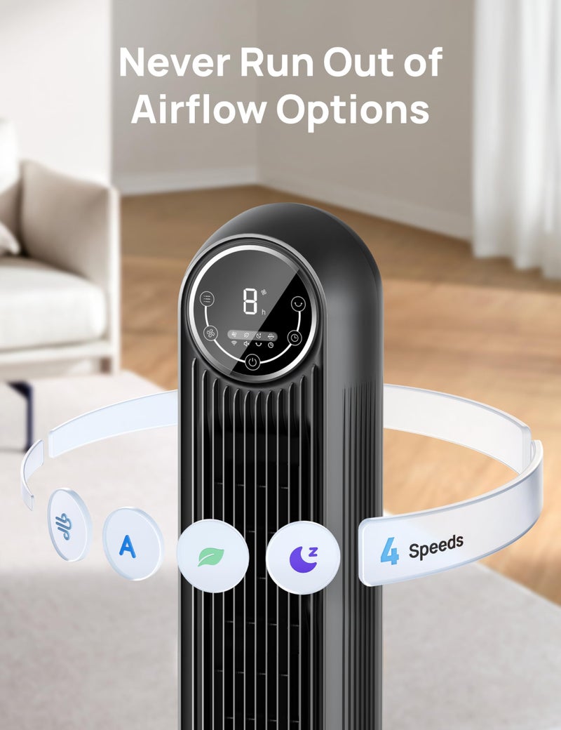 Dreo مروحة دريو البرج لغرفة النوم، سرعة 25 قدم/ثانية، مروحة أرضية هادئة، مروحة متأرجحة بزاوية 90 درجة للاستخدام الداخلي مع 4 سرعات، 4 أوضاع، مؤقت 8 ساعات، مروحات قائمة، مروحة بدون شفرات، سوداء، نوماد وان (DR-HTF007) - Image 4