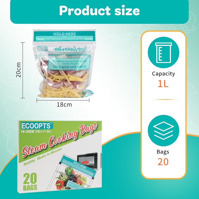 ECOOPTS 20×Steam Cooking Bags Microwave Steamer Bags for Vegetables,Potatoes and Meat (1) - Image 5