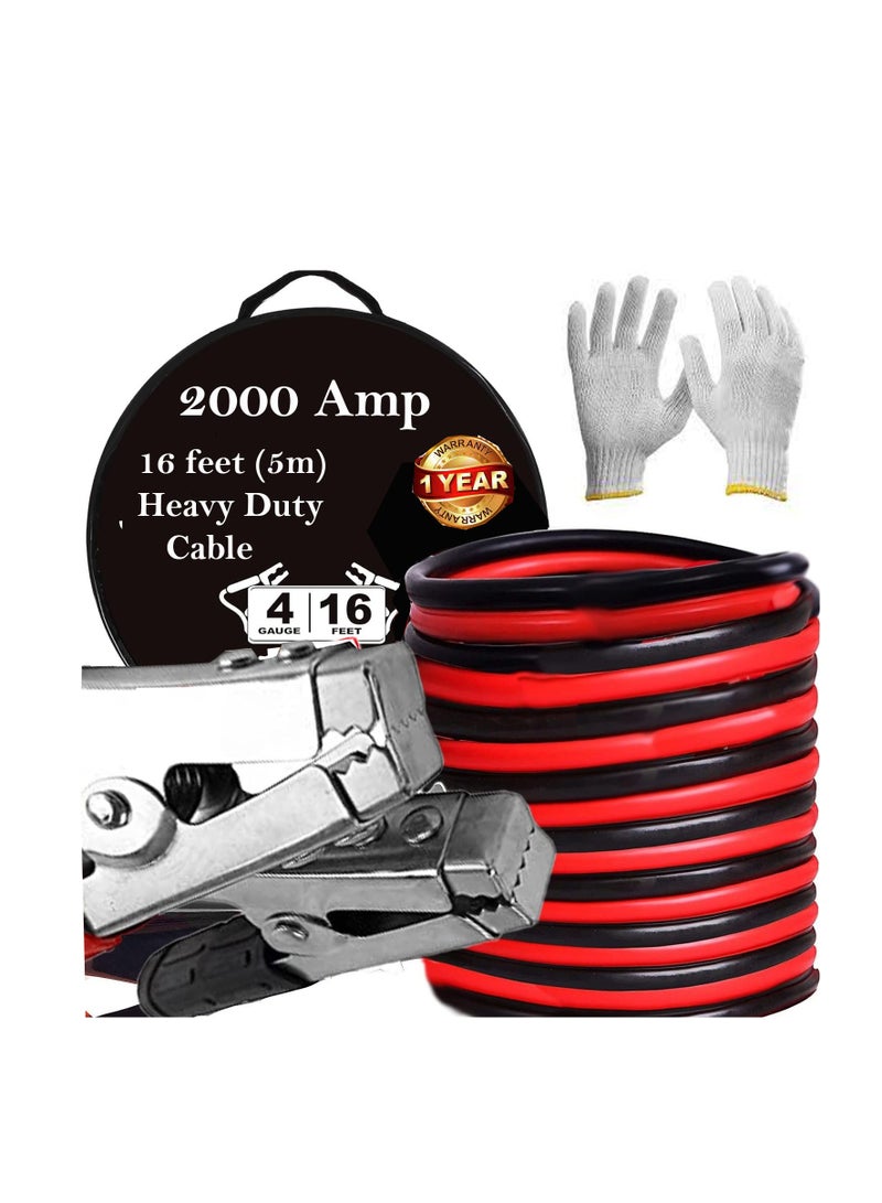 TORONTO 16 Feet 5m Heavy Duty Jumper Cables 2000AMP Battery Booster Long Jump Leads for Car Van Truck Includes Carry Bag and Working Gloves - Image 1