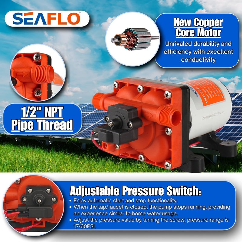SEAFLO 42 Series On Demand Water Pressure Pump 12V 3.0 GPM 55PSI, with Bypass for Reduced Cycling, Self-Priming, For Marine/RV/Off-Grid, CE & Rohs Certified, UL Listed, 4-Year Warranty - Image 3