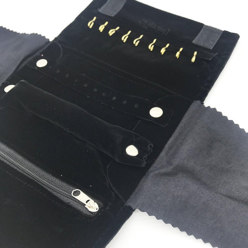 UnionPlus Small Velvet Travel Jewelry Case Roll Bag Organizer for Necklace Bracelet Earrings Ring, Black - Image 2