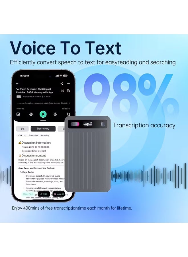 epicarma AI Portable Recording Device, Using AI Technology for Transcription and Summarization, a Pen-style Recording Device with App Control, Supports 140 Languages, 64GB Memory, an Ultra-thin Recording Device for Lectures, Meetings, Calls, Music Sampling - Image 3
