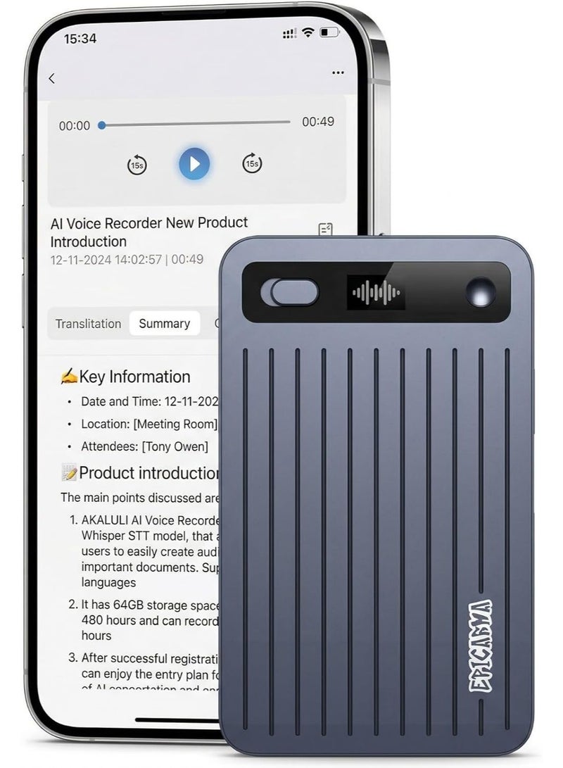 epicarma AI Portable Recording Device, Using AI Technology for Transcription and Summarization, a Pen-style Recording Device with App Control, Supports 140 Languages, 64GB Memory, an Ultra-thin Recording Device for Lectures, Meetings, Calls, Music Sampling - Image 2