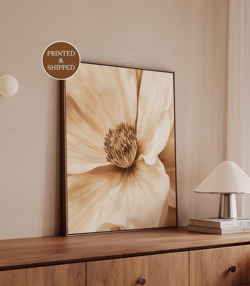 TNESSENTIAL Large Floral Canvas, Minimalist Beige Botanical Wall Art, Calm Flower Print for Above Console Table, Neutral Scandinavian Living Room Decor - Image 1