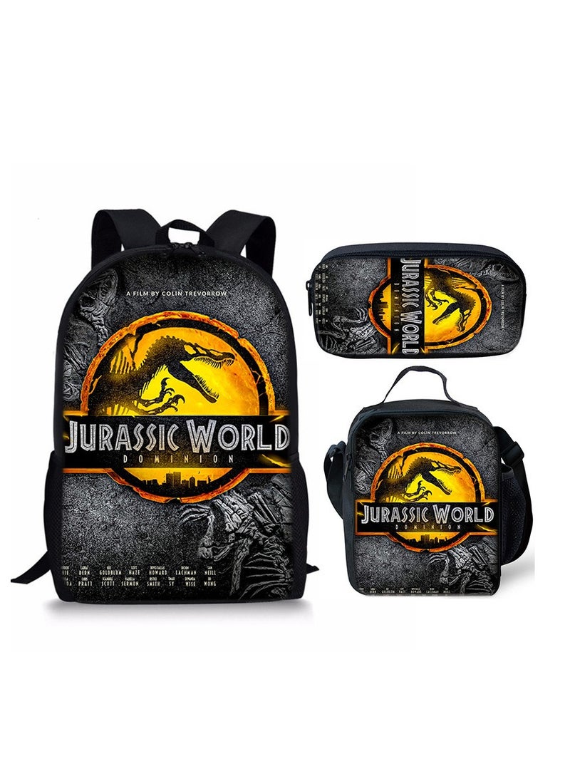 JURASSIC WORLD New Jurassic Park Dinosaur Three piece Set with Large Capacity Backpack, Student School Bag, Lunch Bag, Pen Bag  - Image 1