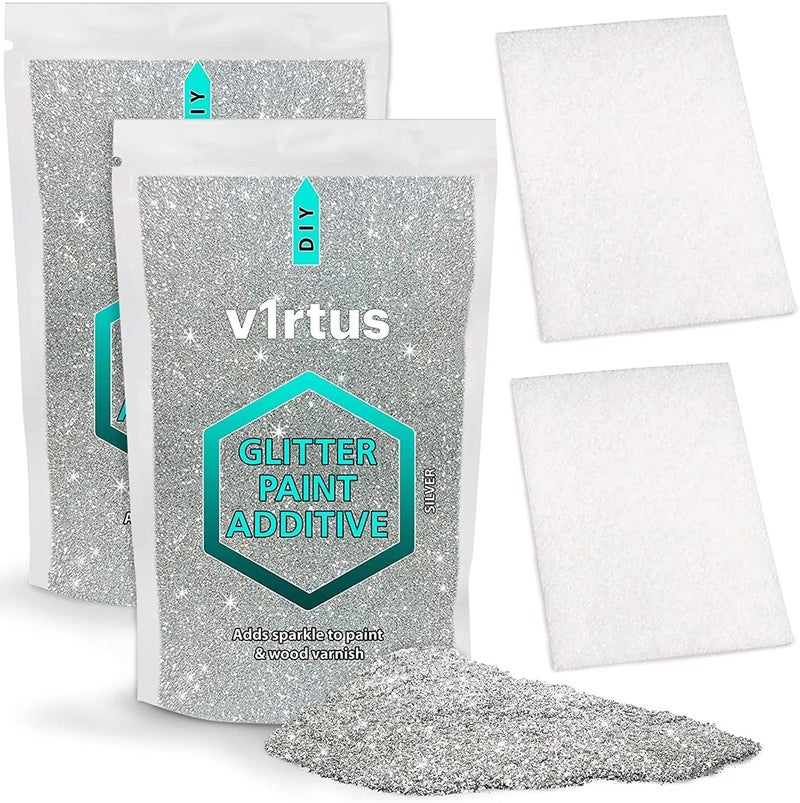 V1rtus Silver Glitter Paint Additive [200g] New 2021-2 X Finishing Buffing Pads Included - Mix with Any Acrylic Paint for Perfect Luminous Finish on Interior or Exterior Walls, Ceilings, and Wood