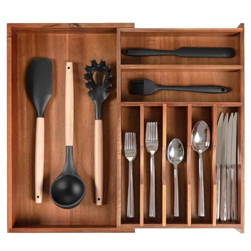 KitchenEdge Premium Silverware Flatware and Utensil Organizer for Kitchen Drawers FoodSafe Contract Grade Expandable from 105 to 19 In Natural Acacia