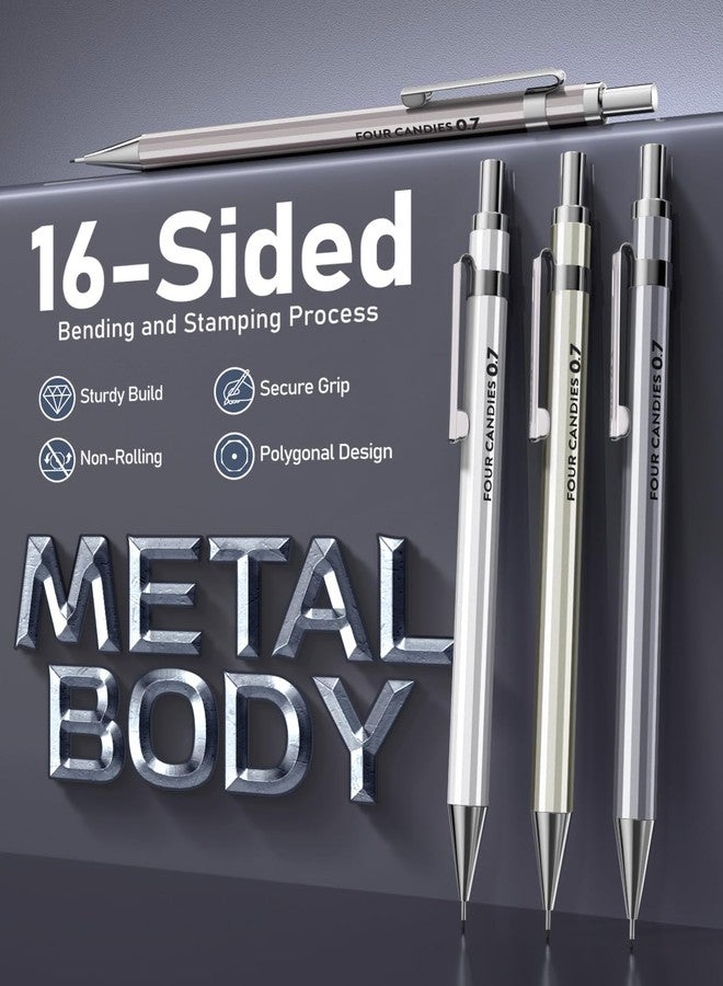 Four Candies 0.7mm Mechanical Pencil Set with Case - 4PCS Metal Mechanical Pencils, 8 Tubes HB #2 Lead Refills, 3PCS 4B Erasers and 9PCS Eraser Refills, Lead Mechanical Pencils for Writing & Drawing - Image 2