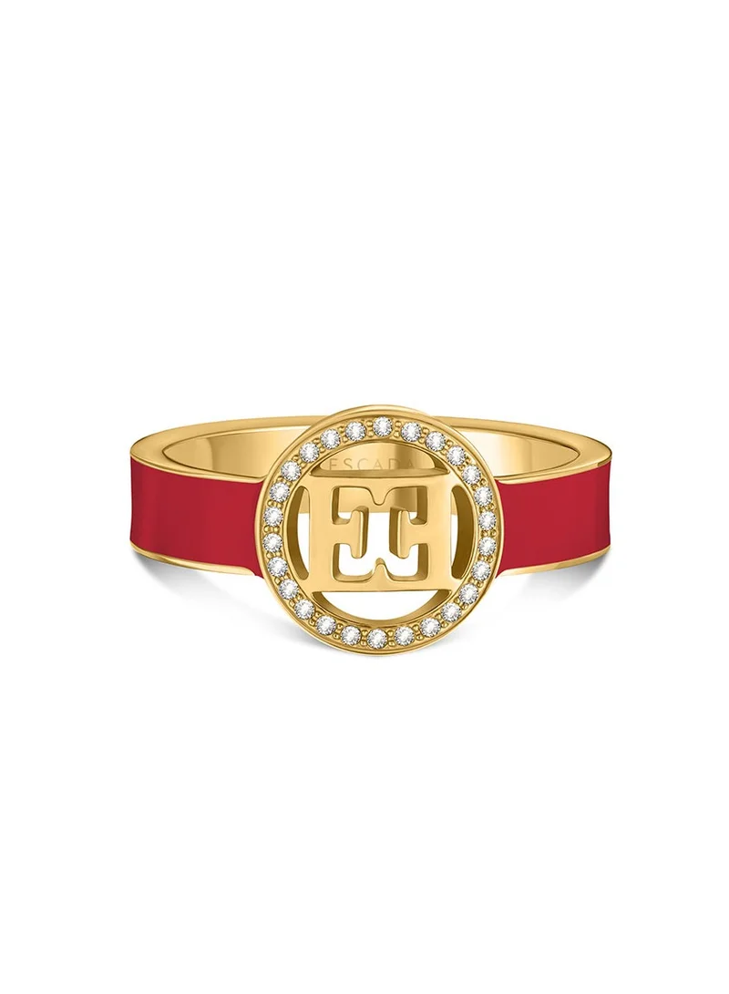 ESCADA Isabella Gold Plated Ring with Cutout Logo and Vibrant Red Enamel Band