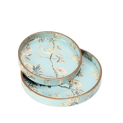 DULI Set of 2 MDF Wood Trays Enamel Coated| Round Wooden Serving Trays | Kitchen&Dining Decorative | Resin Tray | Handmade | 7x7 & 9x9 inches (Setof2Round: AquaGoldBirds) - Image 1