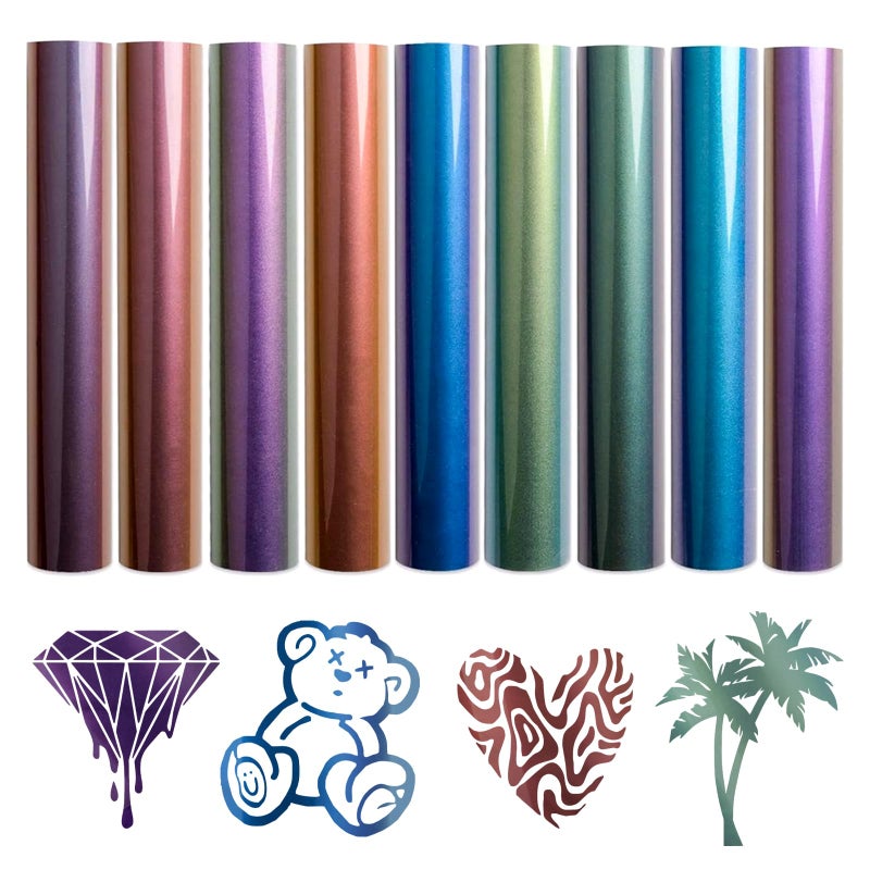 حزمة فينيل نقل الحرارة HTV شيميلون 9 عبوات 12x10 للكي على القمصان 9 ألوان متنوعة بتدرج شيميلون لتغيير اللون ورقة PU HTV لتصميم DIY للقمصان