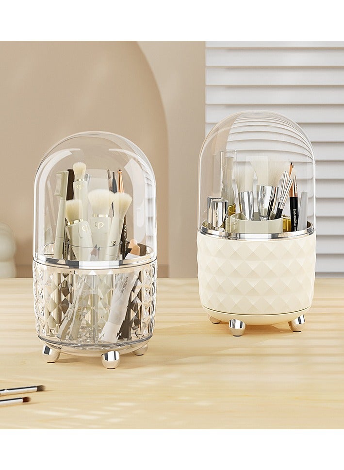 Milky white 360° rotating storage box, high-end, large-capacity makeup brush dust-proof storage box, desk desk storage pen holder  - Image 1