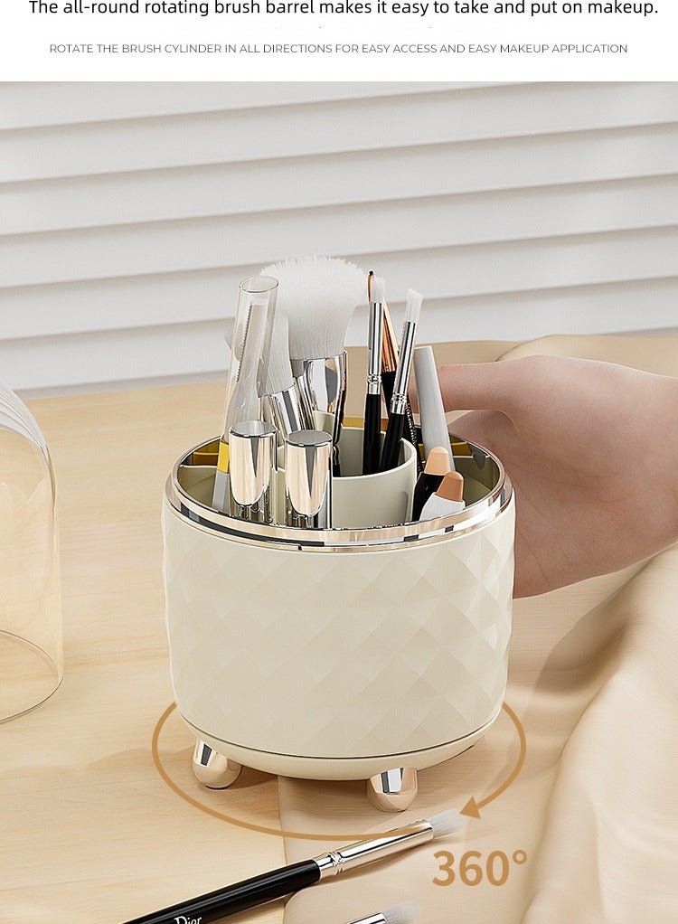 Milky white 360° rotating storage box, high-end, large-capacity makeup brush dust-proof storage box, desk desk storage pen holder  - Image 2