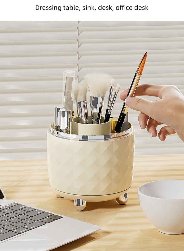 Milky white 360° rotating storage box, high-end, large-capacity makeup brush dust-proof storage box, desk desk storage pen holder  - Image 4
