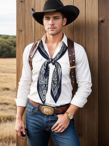 GERINLY Silk Feel Wild Rags for Men Paisley Print, Cowboy Big Neck Scarf Rancher Cravat, Square Head Bandana (Blue) - Image 4