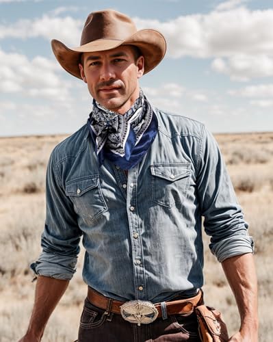 GERINLY Silk Feel Wild Rags for Men Paisley Print, Cowboy Big Neck Scarf Rancher Cravat, Square Head Bandana (Blue) - Image 3