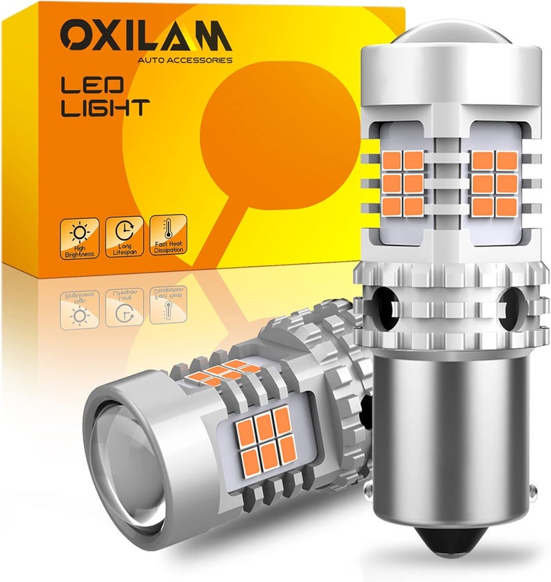 OXILAM مصباح إشارة الانعطاف BA15S 1156 LED خالٍ من أخطاء CANBUS، أصفر كهرماني 2200 كلفن، 2800 لومن، بديل لمصابيح 7506 1156A 1003 1141 P21W، عبوة من قطعتين - Image 1