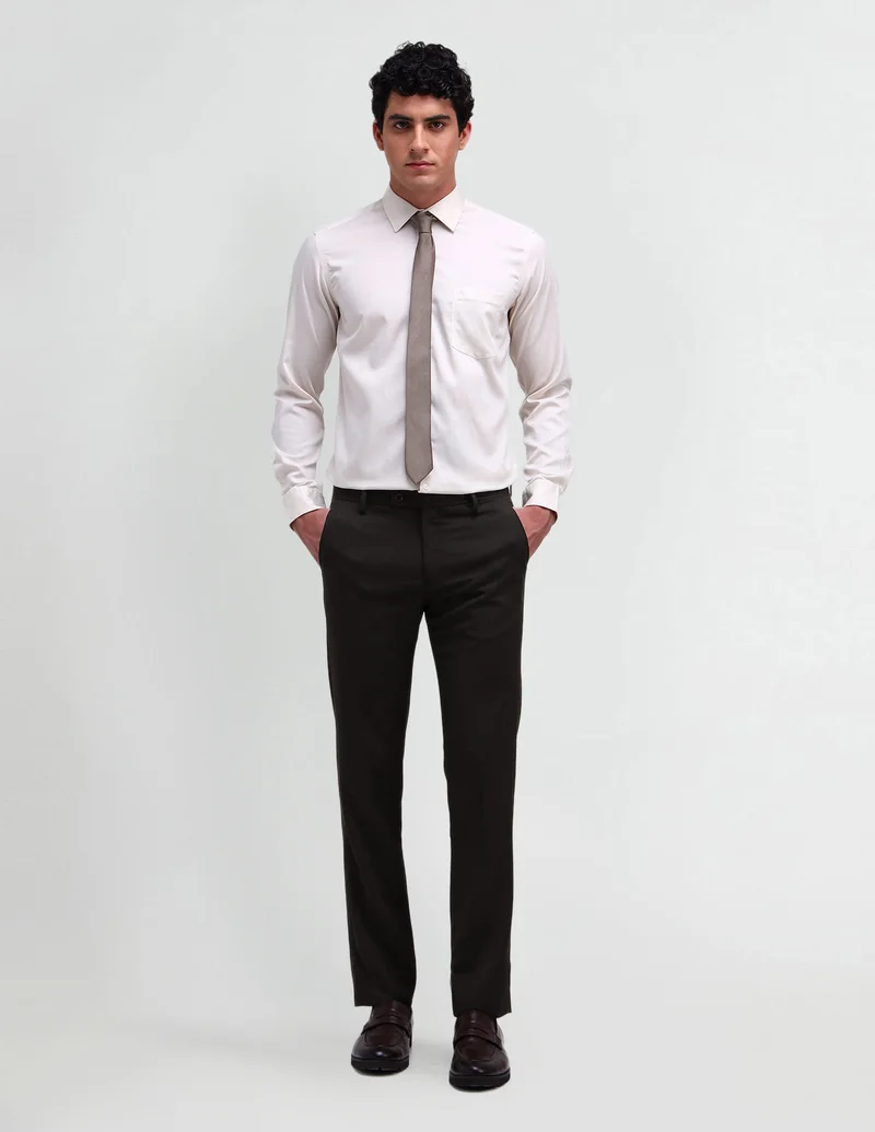 Arrow Dark Brown Slim Fit Solid Trousers for Men | Best Price UAE