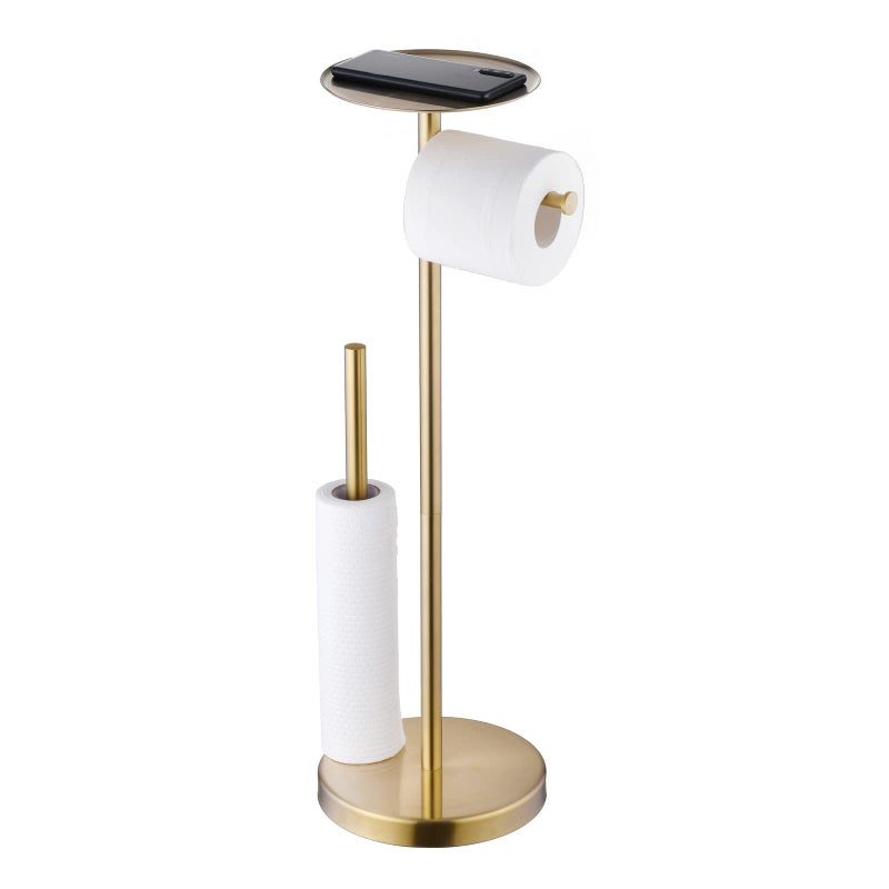 Free Standing Toilet Paper Roll Holder with Storage Reserve Brushed Gold Toilet Paper Holder Stand with Shelf Bathroom Tissue Dispenser Floor Stand SUS304 Stainless Steel SHUNLI