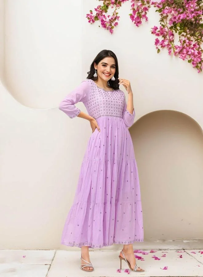 ISHIN Women'S Lilac 100% Cotton Embroidered Knee Length Smock Straight Fit Dress