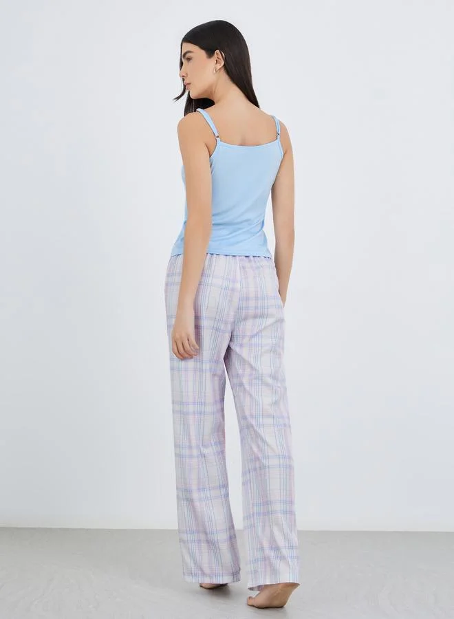 Take Two Take Two Solid Cami Top and Checked Pattern Pyjama Set