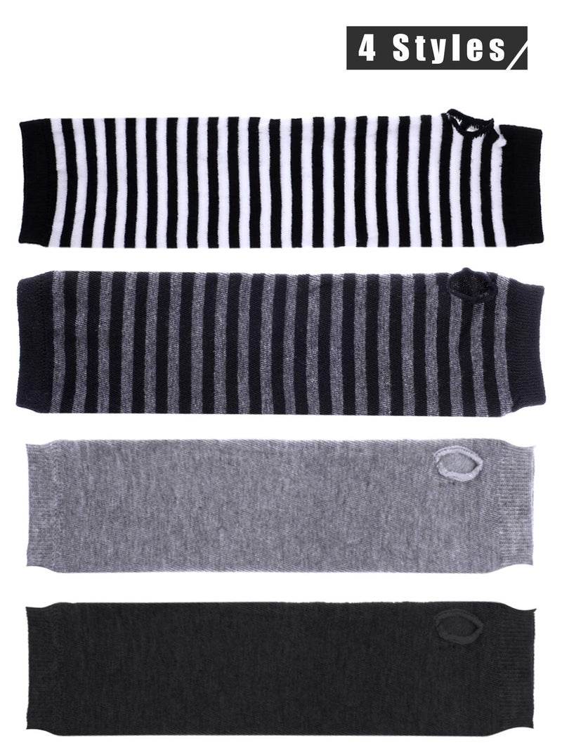 Bememo 4 Pairs Punk Gothic Long Fingerless Gloves Knitted Arm Warmer Elbow Length Thumb Hole Gloves(Dark Grey, Light Grey, Striped Color) - Image 2