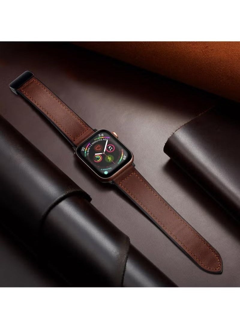 Magnetic Leather Watch Band for Apple Watch Ultra, 49mm 45mm 44mm 42mm, Magnetic Buckle Replacement Genuine Leather Strap for Apple Watch Series, Brown - Image 2