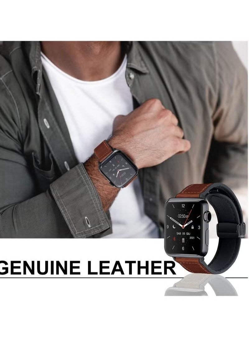 Magnetic Leather Watch Band for Apple Watch Ultra, 49mm 45mm 44mm 42mm, Magnetic Buckle Replacement Genuine Leather Strap for Apple Watch Series, Brown - Image 3