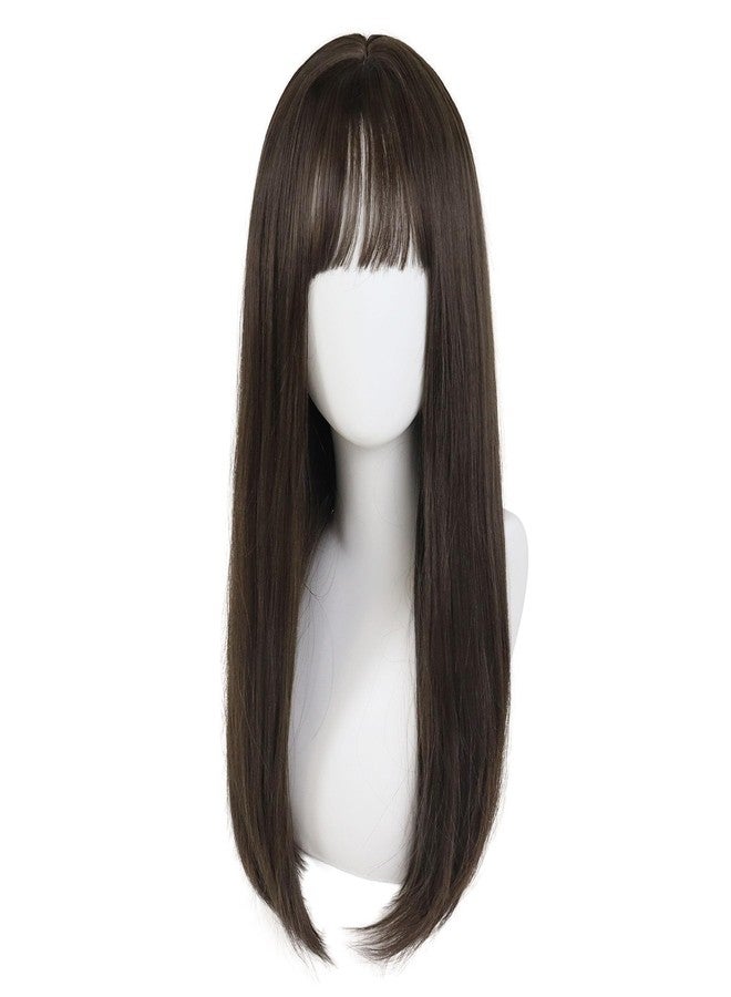 GNIMEGIL 24 Inch Long Straight Brown Wig with Bangs Dark Brown Wigs for Women Natural Hairstyle Halloween Costume Party in Synthetic Hair Female - Image 3