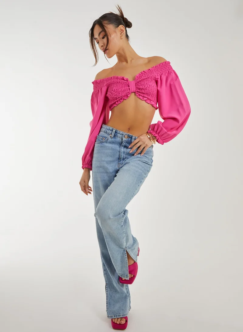 Pink Vanilla Twist Front Balloon Sleeve Crop Top
