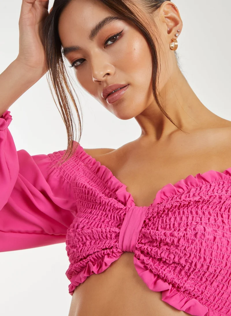 Pink Vanilla  Twist Front Balloon Sleeve Crop Top for Women | Best Price UAE