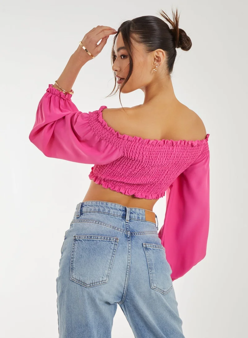 Pink Vanilla  Twist Front Balloon Sleeve Crop Top for Women | Best Price UAE