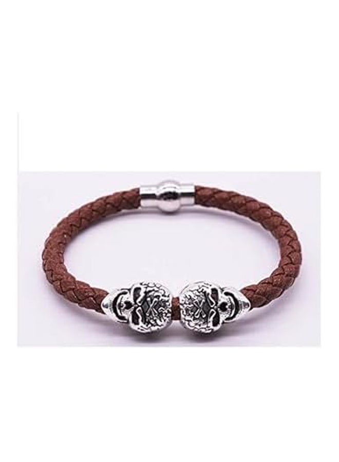 Braided Leather Bracelet No Brown with 2 Skulls Silver Item No 644 - 3 - Image 3