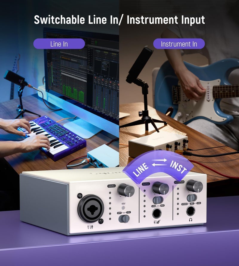 Synido USB C Audio Interface for Recording Music, Streaming, Podcasting with XLR, Line Input, 24bit/48kHz, 48V Phantom Power, 2-channel, Silver - Image 4