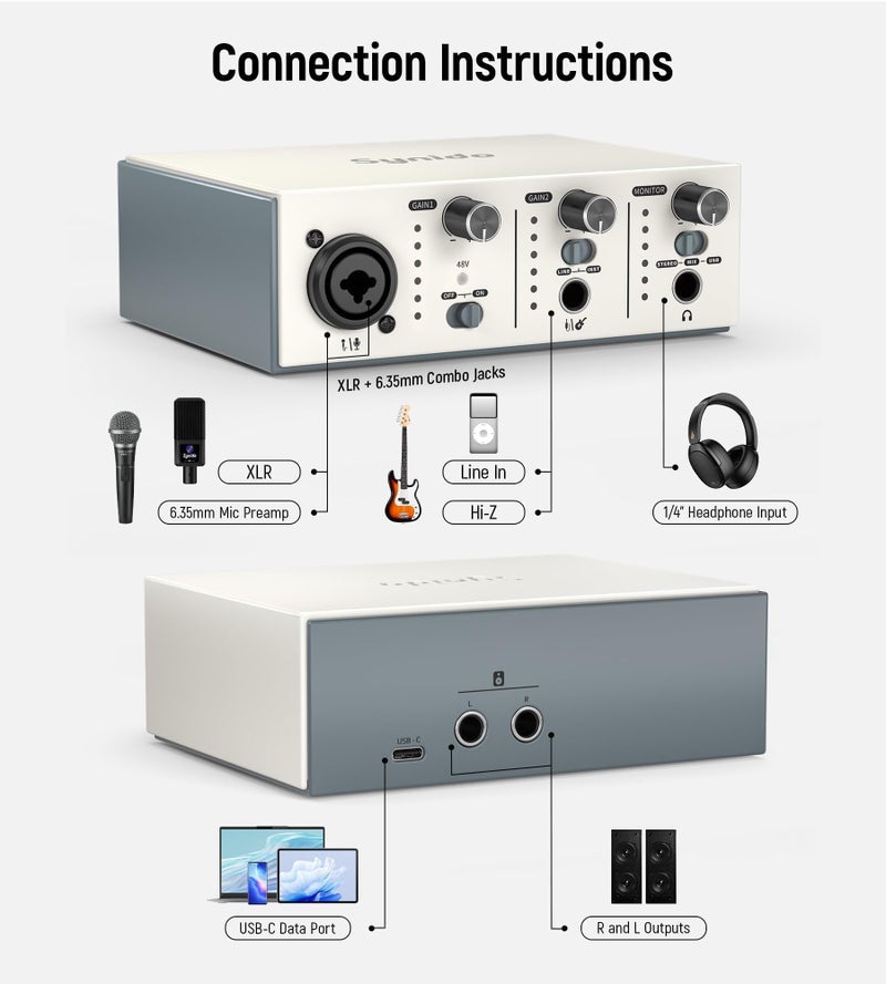 Synido USB C Audio Interface for Recording Music, Streaming, Podcasting with XLR, Line Input, 24bit/48kHz, 48V Phantom Power, 2-channel, Silver - Image 3