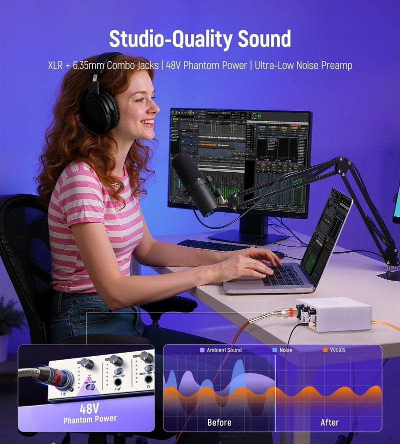 Synido USB C Audio Interface for Recording Music, Streaming, Podcasting with XLR, Line Input, 24bit/48kHz, 48V Phantom Power, 2-channel, Silver - Image 2