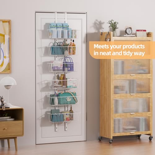 Upesitom 6 Tier Over the Door Pantry Organizer, Foldable Metal Over the Door Hanging Spice Rack with 6 Baskets, Adjustable Hanging Storage Rack for Kitchen, Bedroom, Laundry Room, Bathroom Essentials, White - Image 2