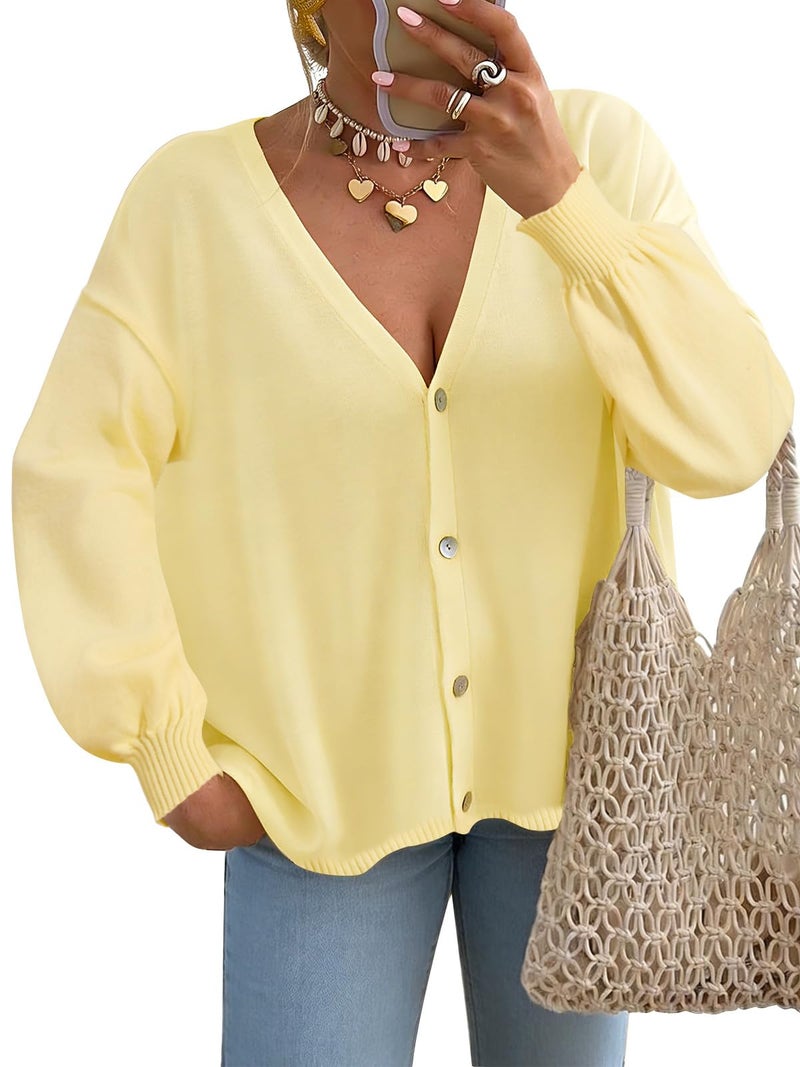 FireSwan Cardigan Sweater for Women Long Lantern Sleeve Oversized Knit Outfits Lightweight Trendy Spring Tops 2026 Yellow M - Image 1