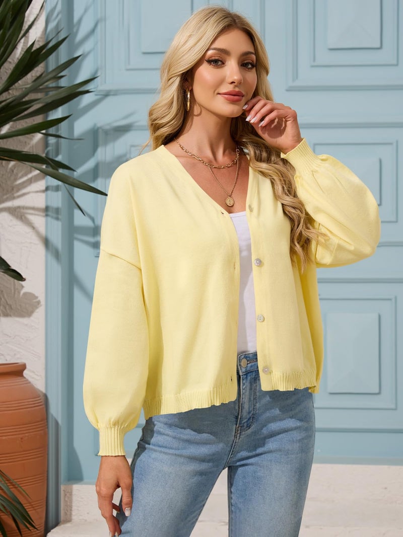 FireSwan Cardigan Sweater for Women Long Lantern Sleeve Oversized Knit Outfits Lightweight Trendy Spring Tops 2026 Yellow M - Image 3